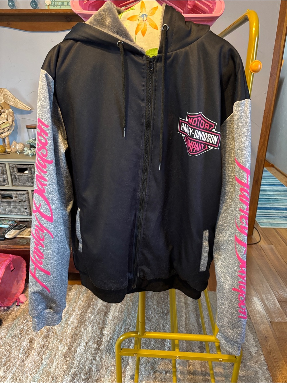 Harley-Davidson Black Jacket with Gray Sleeves and Pink Logos